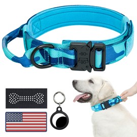 Hotsky Tactical Dog Collar, Adjustable Military Training Nylon Airtag Collar with Handle and Heavy Duty Metal Buckle for Medium Large Dogs, with Airtag Holder and Two Patches （Blue Camo,M）