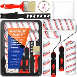 FAMKEEP Paint Roller Set, Painting Set, 12 Pieces, Paint Roller Hanger, Paint Tub, Paint Stirrer, Cover Film, Painter's Brush, Paint Roller with Replacement Sleeves for Facade Paint for Applying