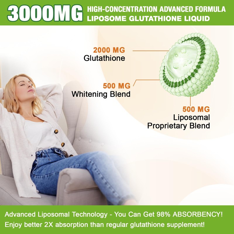 2 Pack 3000mg Liposomal Glutathione Liquid Drops, 98% Absorption Liposomal