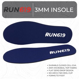 RUN619 - Plantillas de zapatos sin caída – Inserciones planas delgadas sin soporte de arco – Formación de pies – perfectas para correr, caminar, trabajar o senderismo, plantillas delgadas medianas a firmes de 3 mm, Azul / Patchwork, Size F - Men's 13