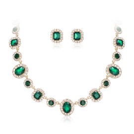 Flyonce Vintage Statement Jewelry Set for Women Costume, Rhinestone Crystal Green Rhinestone Choker Necklace Stud Earrings Sets for Wedding Party Prom Daily