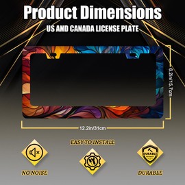 Abstract Leaf License Plate Frame Beautiful Leaves Floral License Plate Holder Stainless Steel Rust-Proof Colorful Car Accessory Funny License Plate Cover Decoration Size 12.2" x 6.2" with Screws