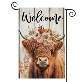 DMERBYL Welcome Fall Garden Flags for Outside Decorations, Thanksgiving Highland Cow with Flowers Maple Leaves Small Yard Flag, Harvest Autumn Seasonal Farmhouse Outdoor Decor 12x18 Inch