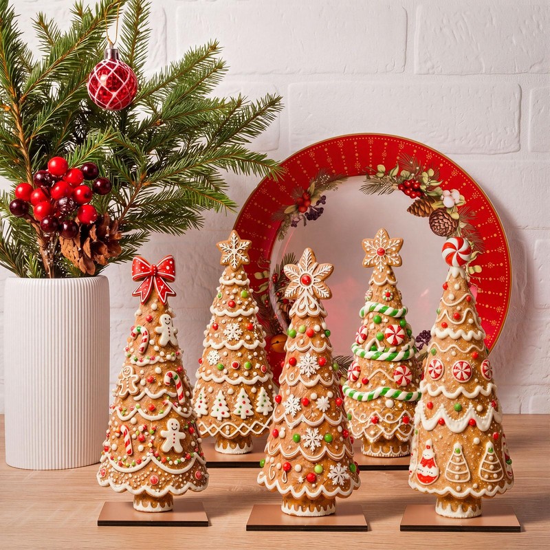 5 Pcs Christmas Gingerbread Tree Table Decorations Wooden Decor