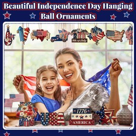 Seeloowy 36 Pcs 4th of July Vintage Ornaments 250th Anniversary Patriotic Wooden Decorations Independence Day Decorations White Red Blue Tree Decors Memorial Day Tree Ornaments for American Party