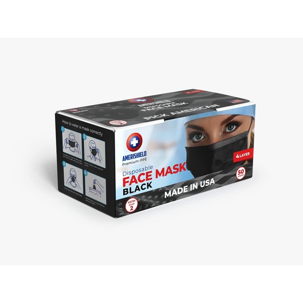 Amerishield - MADE IN USA 3 Layer Disposable Face Masks - Black - 50 Pack (Level 2)