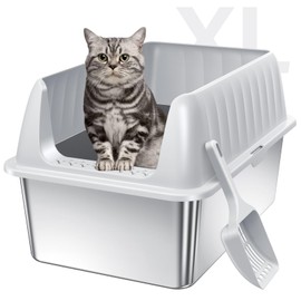 Stainless Steel Cat Litter Box with Lid, Extra Large Metal Litter Box Pan with Scoop for Cats High Sided, Non-Sticky, Anti-Urine Leakage, Easy Cleaning