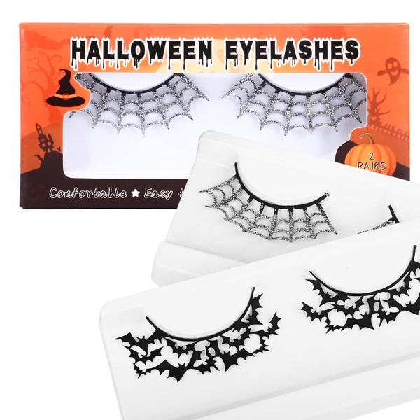 Bowitzki Spider Web And Bat Eyelashes Kit Waterproof False Eyelash For Halloween Cosplay Party 2 Pairs