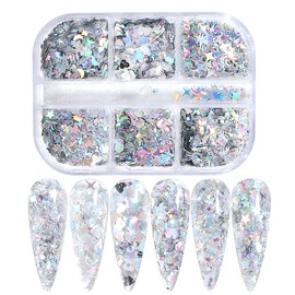 1 Box of 6 Compartments Nail Design Glitter, Glitter for Nails Silver, Nail Design Glitter Stones, Glitter Powder Sequins, Glitter Holographic Sequins for Body Glitter Powder, DIY Nail Art Decals