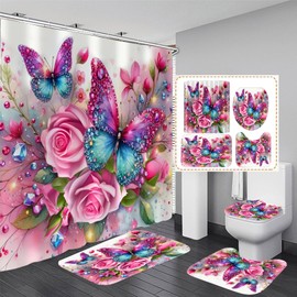 DDQQ 4Pcs Pink Glitter Floral Shower Curtain Set Rose Bathroom Sets Butterfly Diamond Shower Curtain with 12 Hooks Bathroom Decor with Rugs Bath Accessories with Mats Toilet Lid Cover