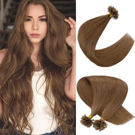 SLEEKALON U Tip Hair Extensions - Real Human Hair Pre-Bonded Keratin Hot Fusion Extensions - Light Brown Remy Straight Silky Hair, 16 Inch 100 Strands 50g #06