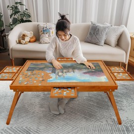 YKHALLYBEE Puzzle Table 1500 Pieces Wooden Jigsaw Puzzle Board with Legs, 34.3”x 26.5” Puzzle Board with 4 Drawers and Cover, Foldable Leg Puzzle Table for Adults Red Brown