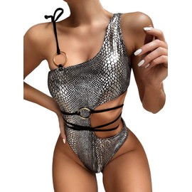 FCYYUETY Women's Rave Sparkle Mentalic Snakeskin Print Bikini Set Bathing Suit One Piece Swimsuits (Small, Silver)
