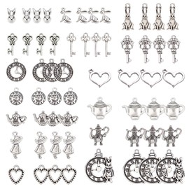 SUNNYCLUE 60 Pcs 15 Types Key Charm Rabbit Charm Watch Charm Teapot Parts Key Alloy Charm Grenade Heart Charm Rabbit Key Chain Necklace Key Metal Parts Tibetan Style Vintage Silver Color Antik Metal
