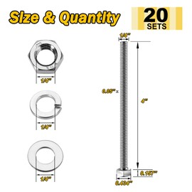 Mywish (20 juegos) Tornillos y tuercas de acero inoxidable con cabeza hexagonal de 1/4-20 x 4 pulgadas, con arandelas planas y de bloqueo, acero inoxidable 304 18-8, totalmente roscado, 1/4 tornillo