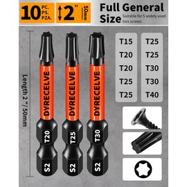 DYRECELVE Impact Torx Bit Set T15 T20 T25 T30 T40, 10-Pack 2 Inch S2 Steel Magnetic Power Bits for Impact Driver, 1/4 Inch Hex Shank Heavy Duty Magnetic Grip (Anti-Slip)
