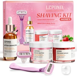 Women's Complete Shaving Kit with Razor & Holder - 5 Piece Strawberry Vanilla Set | Pre-Shave Scrub, Cream, Aftershave Oil | Luxury Gift Set for Women