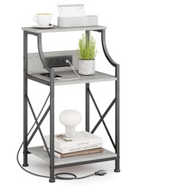 HOMEKOKO Side Table, Small End Table for Living Room, Bedroom, Retro Design 3-Tier Metal-Wood End Table, Industrial Nightstand for Living Room, Office (Standard with Power Outlet, Greige)