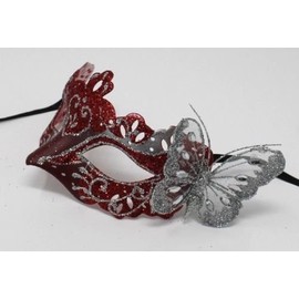 LADIES SPARKLING RED & SILVER RIALTO VENETIAN MASQUERADE CARNIVAL PARTY EYE MASK WITH BUTTERFLY