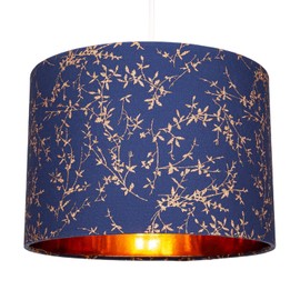 Modern Navy Midnight Blue Cotton Fabric 12" Lamp Shade with Copper Foil Floral Decoration Suitable for Table or Ceiling Usage | 30cm Diameter | 60w Maximum by Happy Homewares