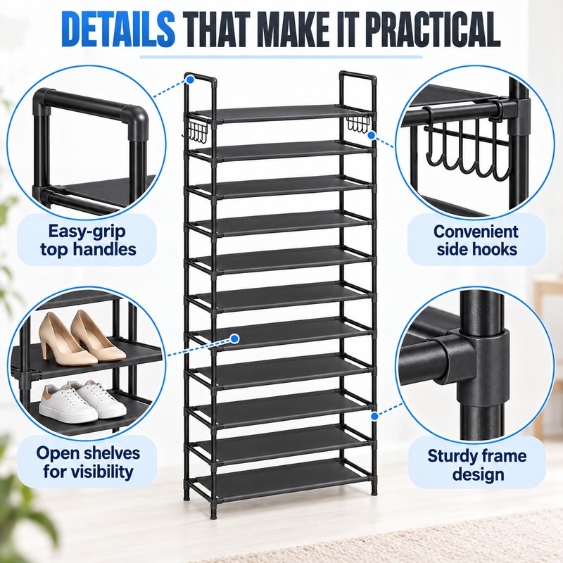 10-Tier Tall Shoe Rack for Entryway & Closet – Large-Capacity