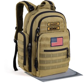 SHARKMOUTH Baby Diaper Bag for Men - Large Military Daddy Gear Backpack with Changing Pad for Travel Camping Hiking - Army Style for Active Dad Tan