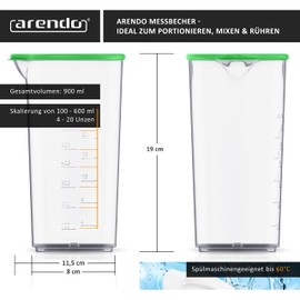 Arendo - Measuring Cup with Lid 600ml - 20oz - Clear Cup - Mixing Cup for Electric Hand Blender and Hand Blender - Plastic