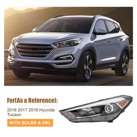 PIAOYUE- For 2016 2017 2018 Hyundai Tucson Headlight Assembly Halogen Replacement Left Driver Side Black Housing Clear Lens w/LED DRL