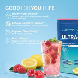 UltraCalm Super Cortisol Drink with Magnesium Glycinate, Ashwagandha, L-Theanine, Vitamin D3, Magnesium Powder for Sleep & Stress Relief, Raspberry Le