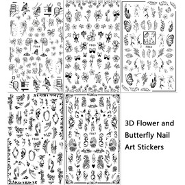 Flower Nail Art Stickers Nail Stickers for Nail Art Designer Nail Stickers,Nail Decor,3D Self-Adhesive Black and White Line Flower Butterfly Flower Totem Leaf Nail Decals for DIY