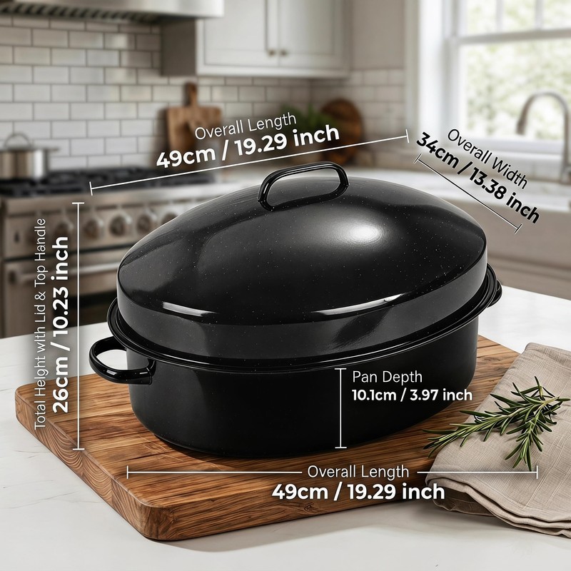 19.3" Large Roasting Pan with Rack and Lid, Granite Enameled