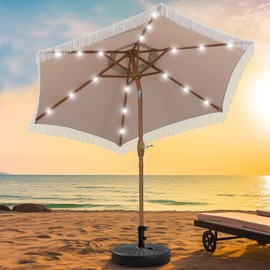 GDY 7.5 ft Fringe Patio Umbrella with Base, Stylish Tassel Umbrella with 18 LED Solar Lights for Outdoor Shade and Illumination, Khaki
