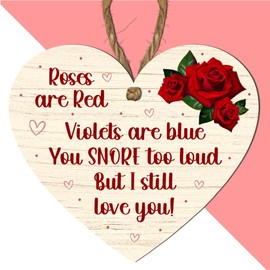 Roses Are Red, Violets Are Blue, You Snore Too Loud, But I Still Love You! Funny MDF Heart Plaque for Couples – Humorous Wooden Hanging Sign with Roses – Gift for Valentine’s Day