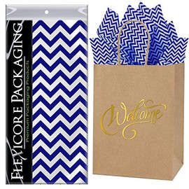 Flexicore Packaging Natural Brown Kraft Paper Welcome Bags & Navy Blue Gift Wrap Tissue Paper | Size: 8 Inch X 4.75 Inch X 10.5 Inch | Count: 5 Bags | Color: Navy Blue Chevron
