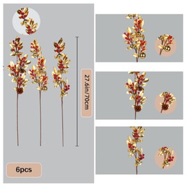 6 Pack Christmas Festive Long Picks with Artificial Golden Leaves, Red Berries, Golden Bells, and Real Pine Cone Accents for Holiday Decoration, 3 Designs (Gold)