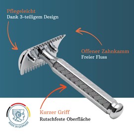 MERKUR Safety Razor 41C, Classic with Hexagonal Handle, Gloss Chrome, Three-Piece Razor with Straight Cut, Open Comb, Ideal for Wet Shaving, Die-Cast Zinc, Brass Handle, Made in Germany