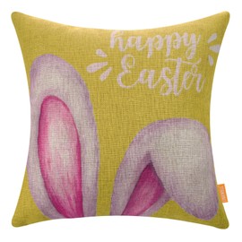LINKWELL Happy Easter Pillow Cover 18x18, Decorative Easter Bunny Ears Throw Pillow Cover for Indoor and Outdoor Easter Decor, Vintage Easter Decorations and Spring Home Decor Yellow CC1997