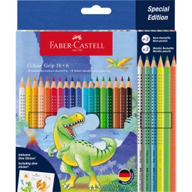 FABER-CASTELL 201546 Dino Colouring Pencils Set 24 Pieces Shatterproof Includes 3 Metallic Pens, 3 Neon Pens and Dino Stickers