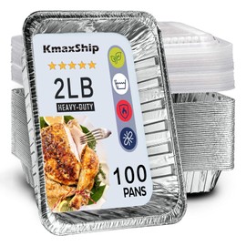 KmaxShip 100 Pack Aluminum Foil Pans Disposable - 8.5"×6"×2" Foil Food Containers with Lids - 2 LB Heavy Duty Tin Foil Pans - for Cooking, Baking, Meal Prep and Freezer