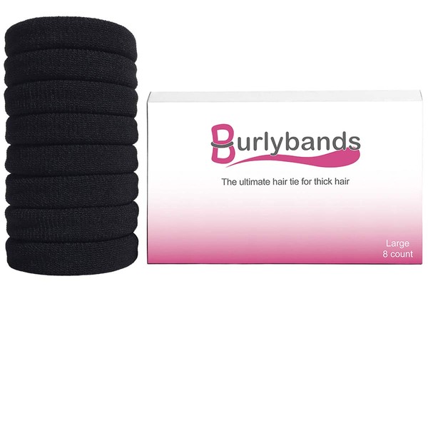 Burlybands Large Hair Ties for Thick Heavy or Curly Hair. No Slip No Damage Seamless Ponytail Holders Scrunchies Sports Thick Hair Ties (Black 8 Pcs)