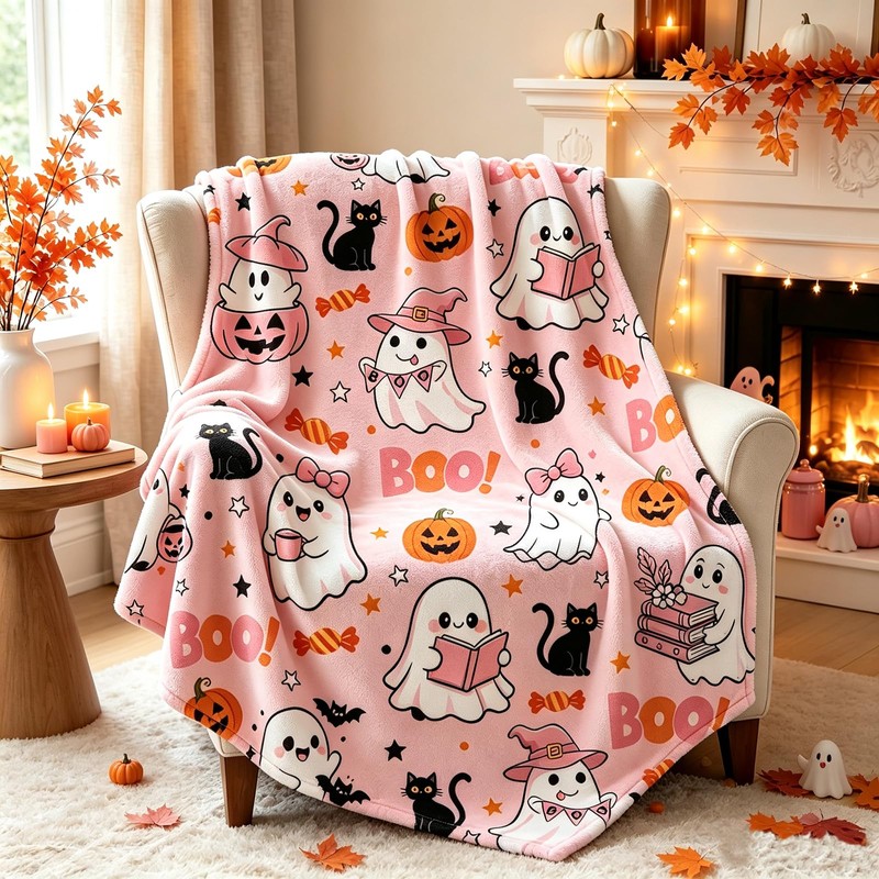 Halloween Pink Ghost Blanket Throw, Pumpkin Black Cat Throw Decor
