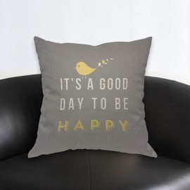 AOYEGO It's A Good Day to Be Happy Throw Pillow Cover Inspiration Quote Bird Words Saying Cartoon Calligraphy Pillow Case 18x18 Inch Decorative Men Women Room Cushion Cover for Home Couch Bed