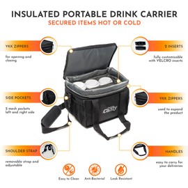 Drink Caddy Insulated Portable Drink Carrier Reusable Coffee Cup Holder with Shoulder Strap for Food Delivery and Takeout Easily Secures 6 Hot or Cold Beverages with Adjustable Height Zipper Closure