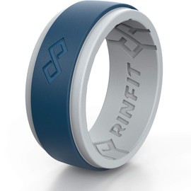 Rinfit Silicone Wedding Ring for Men. 2 Layer Step Design, Mens Silicon Rubber Engagement Bands. 8.7mm Wide - 2mm Thick (Size 10, Light Gray & Navy Blue)