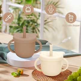 EsOfficce Silicone Baby Sippy Cups, 8.54 Oz 3 Stages Training Cup, Silicone Straw Cup for Infants Toddlers 6-12 Month and Kids 1-3 Year, 2 Colors, Beige+Brown