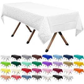 dinexlence 2 Pack Silver Polka Dots White Premium Plastic Tablecloth Rectangle 54 x 108 Inches Reusable Silver Spot Decorative White Table Cover for Dining, Wedding, Party, Indoor and Outdoor use