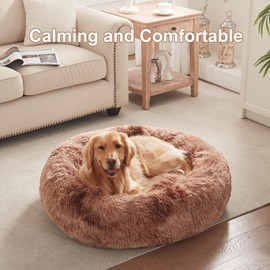 BedStill 36 inches Donut Dog Bed for Large Dogs - Calming Fluffy Round Pet Bed with Removable & Washable Cover,Fits up to 100 lbs Pets (Tie-dye Brown,Large)