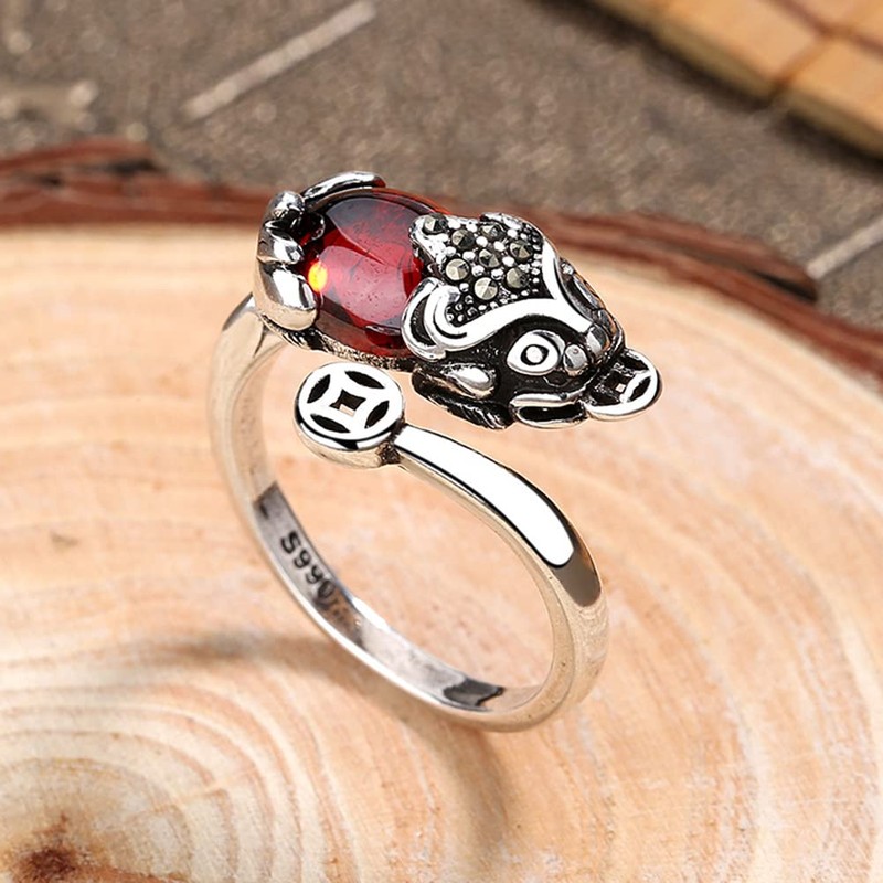 Feng Shui Ring, Pixiu Mani Mantra Protection Finger Ring Ruby
