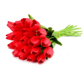 HoveBeaty Artificial Tulips Bridal Wedding Festival Decor Bouquet Real Touch PU Flower Bouquet Pack of 20 (Bright Red)