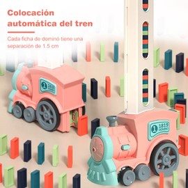 Juego de Juguetes de Dominó para Niños, Juguete de Tren de Dominó Automático con Luces y Sonidos, 120 Piezas Juego de Dominó de Construcción y Apilamiento, Regalo para Niños de 3 a 8 Años (Rosa)